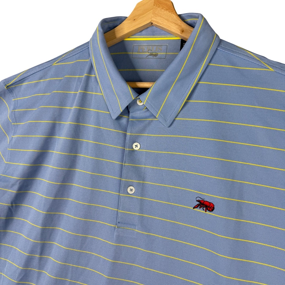 Perlis Mens XXL Blue Yellow Striped Crawfish Logo Performance Golf Polo Shirt
